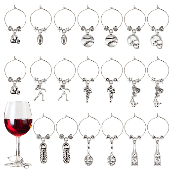 Sports Theme Tibetan Style Alloy Wine Glass Charms, with Brass Hoop Earring Findings, Mixed Shapes, Antique Silver & Platinum, 45~62mm, 10 style, 2pcs/style, 20pcs/set