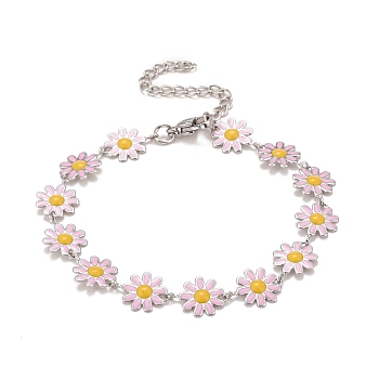 Enamel Daisy Link Chains Bracelet, 304 Stainless Steel Jewelry for Women, Stainless Steel Color, Pink, 7-1/4 inch(18.4cm)