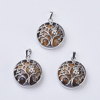 Natural Tiger Eye Pendants, with Brass Findings, Flat Round with Tree of Life, Platinum, 31~32x27x8~9mm, Hole: 5x7mm