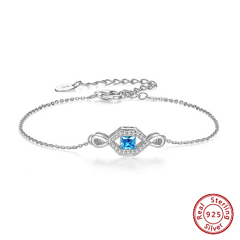 Rhodium Plated 925 Sterling Silver Eye Link Bracelet for Women, with Deep Sky Blue Cubic Zirconia, with S925 Stamp, Real Platinum Plated, 6-3/8 inch(16.3cm)