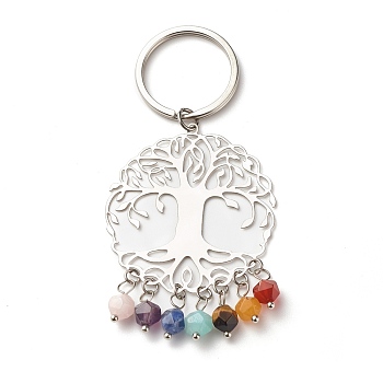 201 Stainless Steel Filigree Pendants Keychains, with 7 Color Faceted Gemstone Beads, 304 Stainless Steel Split Key Rings & Open Jump Rings, Tree of Life, Stainless Steel Color, 5cm