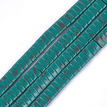 Spray Painted Non-magnetic Synthetic Hematite Multi-Strand Links, Two Hole Carrier Beads, For Tile Elastic Bracelets Making, Rectangle, Teal, 2x5x2mm, Hole: 0.6mm, about 172pcs/strand, 16.1 inch