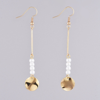 Dangle Earrings, with Glass Pearl Beads, Iron Bar Links, Brass Charms and Earring Hooks, Flat Round, Golden, 73mm, Pin: 0.6mm