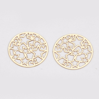 Brass Filigree Joiners Links, Etched Metal Embellishments, Long-Lasting Plated, Flat Round with Star, Light Gold, 17.5x0.3mm