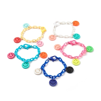 Opaque Acrylic Smiling Face Charm Bracelets, with ABS Plastic Cable Chains, Mixed Color, 7-7/8 inch(20cm)
