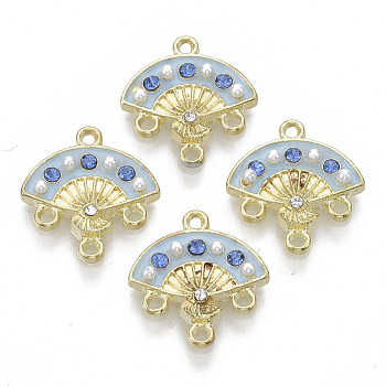 Alloy Enamel Chandelier Component Links, with Rhinestone and Plastic Imitation Pearl, Fan, Light Gold, Sky Blue, 17x16x3mm, Hole: 1.2mm