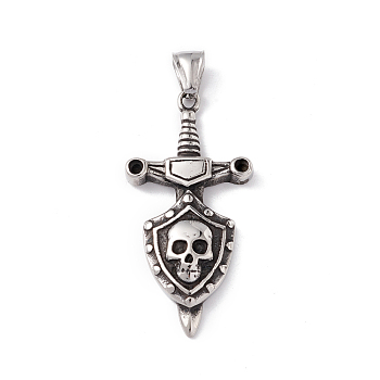 304 Stainless Steel Manual Polishing Big Pendants, Sword with Shield & Skull Charms, Antique Silver, 50x24.5x6mm, Hole: 4x8.5mm