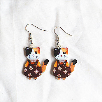 Easter Acrylic Dangle Earrings, Cat Shape, Platinum, Coconut Brown, 60x25mm