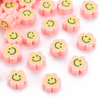 Handmade Polymer Clay Beads, Flower with Smiling Face, Pink, 9~10x8~9x4~5mm, Hole: 1.4~1.6mm