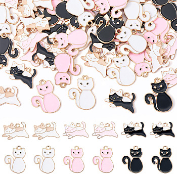 60Pcs 6 Styles Alloy Enamel Pendants, Light Gold, Cat Charm, Mixed Color, 13~22.5x17~20.5x1mm, Hole: 1.6mm, 10pcs/style