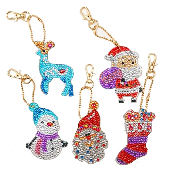 Christmas Theme DIY Diamond Painting Keychain Kits, Elk Santa Claus Snowman Christmas Socks, including Resin Rhinestones, Diamond Sticky Pen, Tray Plate and Glue Clay, Mixed Color, 60~70x50~60mm, 5pcs/set