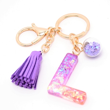 Resin Keychains, with Iron Keychain Findings, Glass Ball Pendants(with Plastic inside), and Sponge Tassels, Light Gold, Lilac, Letter.L, 9.5cm