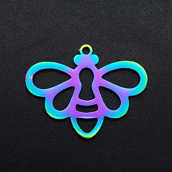 Ion Plating(IP) 201 Stainless Steel Pendants, Laser Cut, Bees, Rainbow Color, 19x24.5x1mm, Hole: 1.2mm