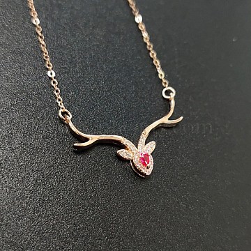 925 Sterling Silver Pendant Necklaces, with Cubic Zirconia, Antler, Fuchsia, Rose Gold, 17.32 inch(44cm)(NJEW-BB50817-A)