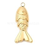 304 Stainless Steel Pendants, Fish Charm, Ion Plating(IP), Real 18K Gold Plated, Manual Polishing, Fish, 27x12x7mm, Hole: 2mm(STAS-P431-27C-G)