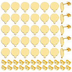 304 Stainless Steel Stud Earring Findings, with Loop and Ear Nuts, Flat Round, Golden, 13x10.5x0.8mm, Hole: 1.2mm, Pin: 0.8mm, 50pcs/box(STAS-UN0003-36G)