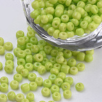 Baking Paint 8/0 Glass Seed Beads, Round, Green Yellow, 3x1.5~3mm, Hole: 1mm, about 10000pcs/bag, about 450g/bag(SEED-Q025-3mm-L19)