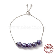 Rhodium Plated Real Platinum Plated 925 Sterling Silver Slider Bracelets, with Dyed Natural Agate Round Beaded, with S925 Stamp, Indigo, 8-5/8 inch(22cm)(BJEW-P303-08P-02)