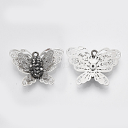 3D Brass Pendants, Etched Metal Embellishments, with Polymer Clay Rhinestone and Iron Loop, Butterfly, Platinum, PP11(1.7~1.8mm), 20.5x27x4.5mm, Hole: 1.5mm(X-KKC-T002-001)