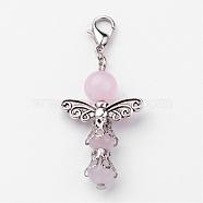 Natural Round Rose Quartz Pendant Decorations, with Zinc Alloy Findings and Lobster Claw Clasps, Pink, 50mm(HJEW-JM00200-01)