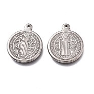 304 Stainless Steel Pendants, Flat Round with Saint Benedict Medal, Stainless Steel Color, 22x18.5x2mm, Hole: 1.5~1.8mm(STAS-Z007-06)