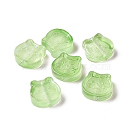 Transparent Spray Painted Glass Beads, Cat, Light Green, 13.5x14x5mm, Hole: 1.2mm(GLAA-I050-13D)
