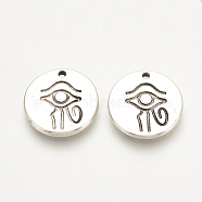 Tibetan Style Alloy Charms, Flat Round with Egyptian Eye of Horus, Cadmium Free & Nickel Free & Lead Free, Antique Silver, 15x2mm, Hole: 1mm(X-TIBE-Q072-15AS-NR)