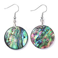 Abalone Shell/Paua Shell Dangle Earrings, with Brass Ice Pick Pinch Bails and Earring Hooks, Flat Round, Platinum, 46mm, Pin: 0.7mm(EJEW-K081-02E)