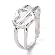 304 Stainless Steel Hollow Heart Open Cuff Rings, Stainless Steel Color, Inner Diameter: 16.8mm(RJEW-D006-05P)