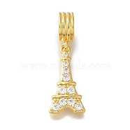 Rack Plating Brass Pave Clear Cubic Zirconia European Dangle Charms, Eiffel Tower Large Hole Pendants, Lead Free & Cadmium Free, Long-Lasting Plated, Golden, 27mm, Hole: 4mm(KK-H485-24G)