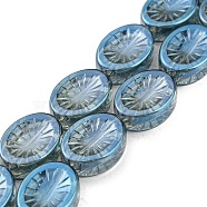Electroplate Glass Beads Strands, Full Plated, Oval with Flower, Steel Blue, 14x10.4x4.8mm, Hole: 1.2mm, about 45pcs/strand, 25.04 inch(63.6cm)(EGLA-G037-13A-FP04)