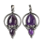 Natural Amethyst Pendants, Rack Plating Brass Teardrop Charms, Antique Silver, Cadmium Free & Lead Free, 49.5x28x7mm, Hole: 8x5mm(G-F766-04AS-04)