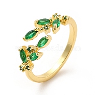 Green Cubic Zirconia Leaf Open Cuff Ring, Brass Jewelry for Women, Real 18K Gold Plated, US Size 6 1/2(16.9mm)(KK-H439-18G)