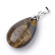 Natural Tiger Eye Pendants, with Alloy Findings, teardrop, Platinum, 23~24x14x8mm, Hole: 4x5mm(G-S243-07)