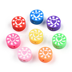 Handmade Polymer Clay Beads, Flat Round with Heart & Sun, Mixed Color, 9~10x5mm, Hole: 1.6mm(X-CLAY-T019-15)