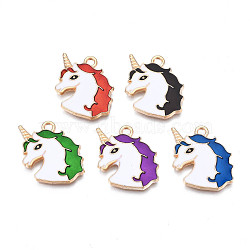 Alloy Enamel Pendants, Cadmium Free & Nickel Free & Lead Free, Light Gold, Unicorn, Mixed Color, 20x21.5x2mm, Hole: 1.6mm(ENAM-S130-20)