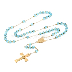 Ion Plating(IP) Crucifix Cross 304 Stainless Steel Rosary Bead Necklaces, with Acrylic Beads, Sky Blue, 25.98 inch(66cm)(NJEW-M075-03G-05)