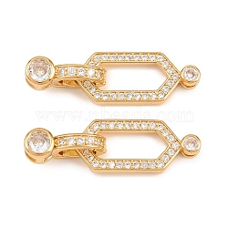 Brass Micro Pave Clear Cubic Zirconia Fold Over Clasps, Hexagon, Golden, 30mm(KK-U059-69G)