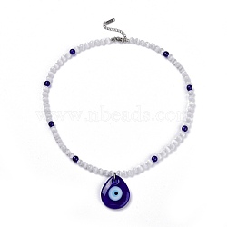 Lampwork Teardrop  with Evil Eye Pendant Necklaces, with Cat Eye and Glass Beads, Blue, 18.5 inch(47cm)(NJEW-JN03486)
