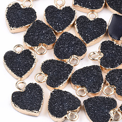 Electroplate Druzy Resin Pendants, with Iron Findings, Heart, Light Gold, Black, 15x12x3.5~4mm, Hole: 1mm(RESI-S366-01A)