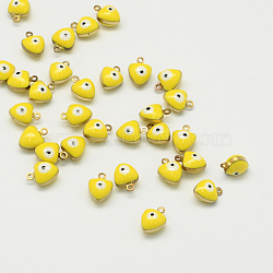 Golden Tone Brass Enamel Charms, Enamelled Sequins, Heart with Eye, Yellow, 9x7x5mm, Hole: 1mm(KK-Q572-6mm-02)