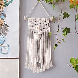 Cotton Cord Macrame Woven Tassel Wall Hanging, Boho Style Hanging Ornament with Wood Sticks, for Home Decoration, Floral White, 300x200mm(MAKN-PW0001-015U)