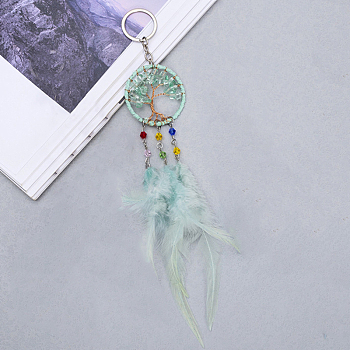 Natural Green Quartz Tree of Life Keychain, Iron Woven Net with Feather Keychain, Light Green, 280mm
