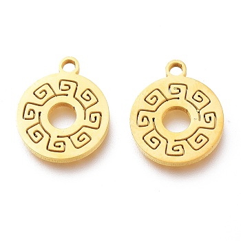 Ion Plating(IP) 201 Stainless Steel Charms, Laser Cut, Flat Round with Greek Key Pattern, Golden, 12x10x1mm, Hole: 1.2mm