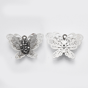 3D Brass Pendants, Etched Metal Embellishments, with Polymer Clay Rhinestone and Iron Loop, Butterfly, Platinum, PP11(1.7~1.8mm), 20.5x27x4.5mm, Hole: 1.5mm