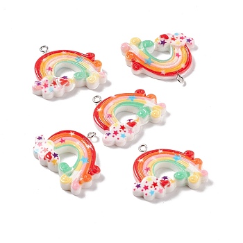 Opaque Resin Pendants, with Platinum Tone Iron Loops, Rainbow with Cloud, Colorful, 27x33x6.5mm, Hole: 2mm