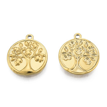 Ion Plating(IP) 304 Stainless Steel Pendants, Flat Round with Tree of Life, Real 18K Gold Plated, 18x15.5x2mm, Hole: 1.5mm