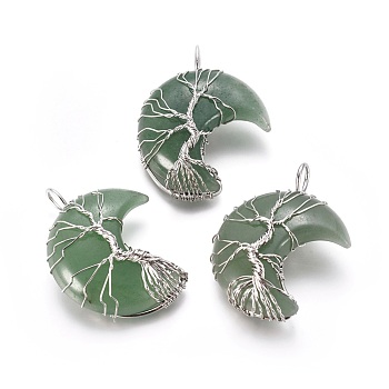 Natural Green Aventurine Tree of Life Wire Wrapped Pendants, with Brass Findings, Crescent Moon, Platinum, 44~46x26~32x12.5mm, Hole: 6.5x4.5mm