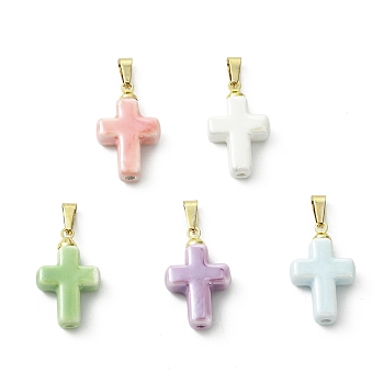 Handmade Porcelain Pendants, Cross Charms, with 304 Stainless Steel & Brass Findings, Silver, Mixed Color, 21x13x5.8mm, Hole: 3mm