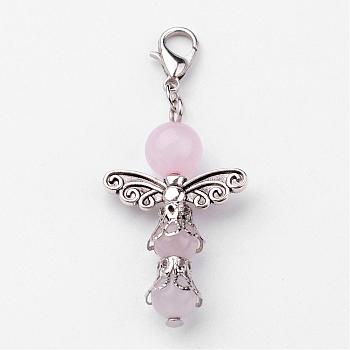 Natural Round Rose Quartz Pendant Decorations, with Zinc Alloy Findings and Lobster Claw Clasps, Pink, 50mm
